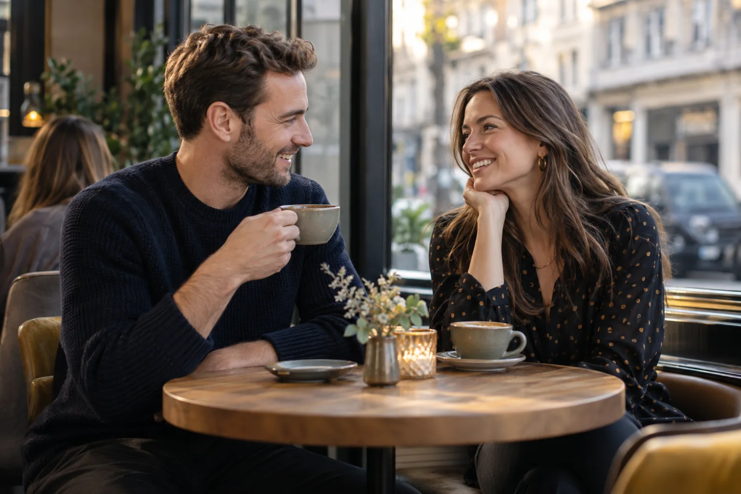 Two adults talking over coffee in a London café