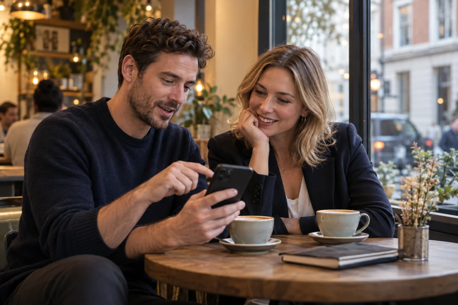 Two adults reviewing a profile on a phone in a London café